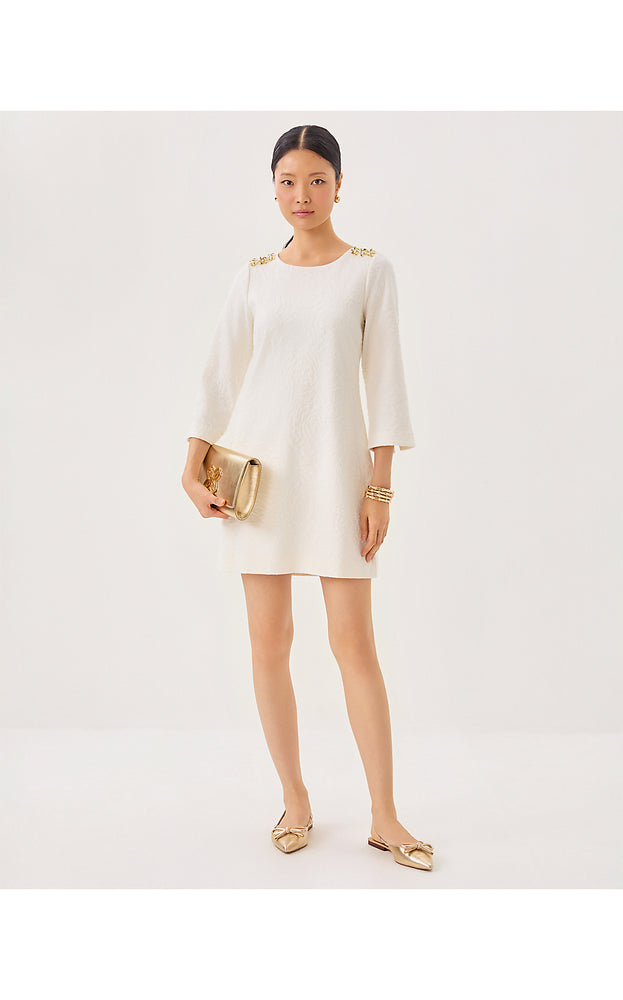 Annwyn 3/4 Sleeve Shift Dress - Coconut Rose Knit Pucker Jacquard