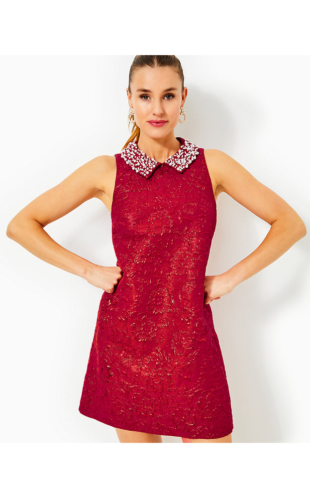 Kelliana Shift Dress - Malbec Red Blooming Brocade