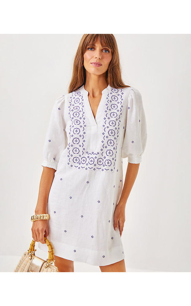 Mialeigh Linen Dress - Water Hyacinth - Geo Criss Cross Embroidery