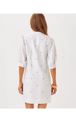 Mialeigh Linen Dress - Water Hyacinth - Geo Criss Cross Embroidery