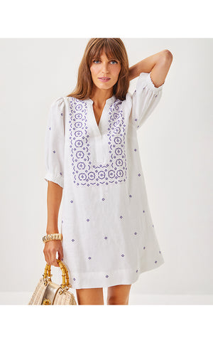 Mialeigh Linen Dress - Water Hyacinth - Geo Criss Cross Embroidery