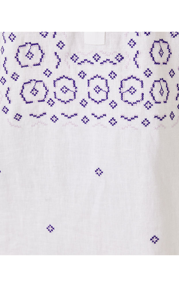 Mialeigh Linen Dress - Water Hyacinth - Geo Criss Cross Embroidery