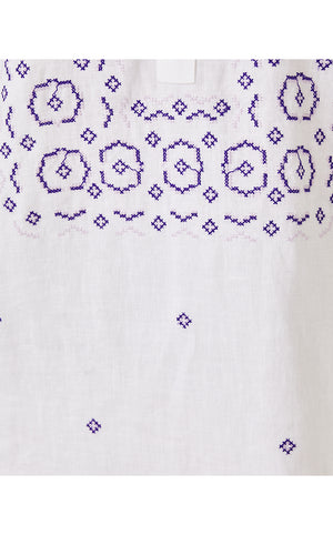 Mialeigh Linen Dress - Water Hyacinth - Geo Criss Cross Embroidery