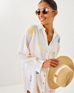 Kwitney Long Sleeve Cover-Up - Resort White Beachcomber Embroidery