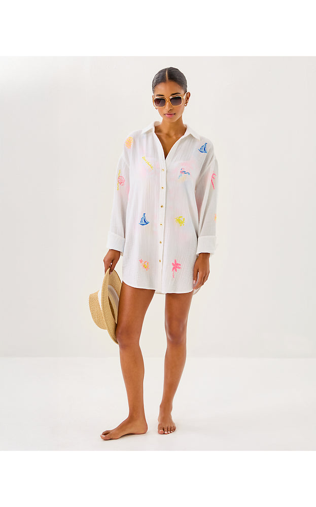 Kwitney Long Sleeve Cover-Up - Resort White Beachcomber Embroidery