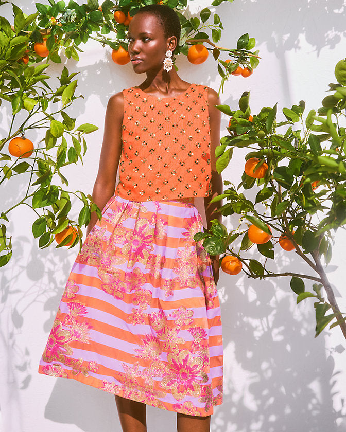 Lauderdale Midi Skirt - Papaya Metallic Floral Stripe Jacquard