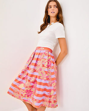 Lauderdale Midi Skirt - Papaya Metallic Floral Stripe Jacquard