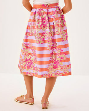 Lauderdale Midi Skirt - Papaya Metallic Floral Stripe Jacquard