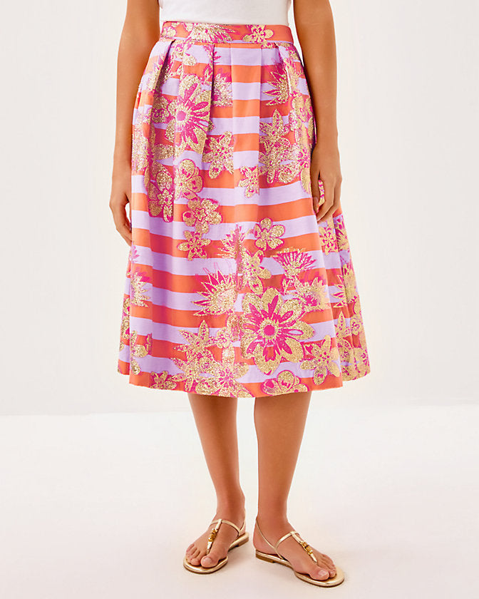 Lauderdale Midi Skirt - Papaya Metallic Floral Stripe Jacquard
