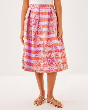 Lauderdale Midi Skirt - Papaya Metallic Floral Stripe Jacquard