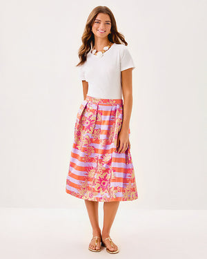 Lauderdale Midi Skirt - Papaya Metallic Floral Stripe Jacquard