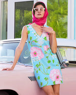 Sidonie Stretch Shift Dress - Fresh Water Blue Bursting Blooms Engineered