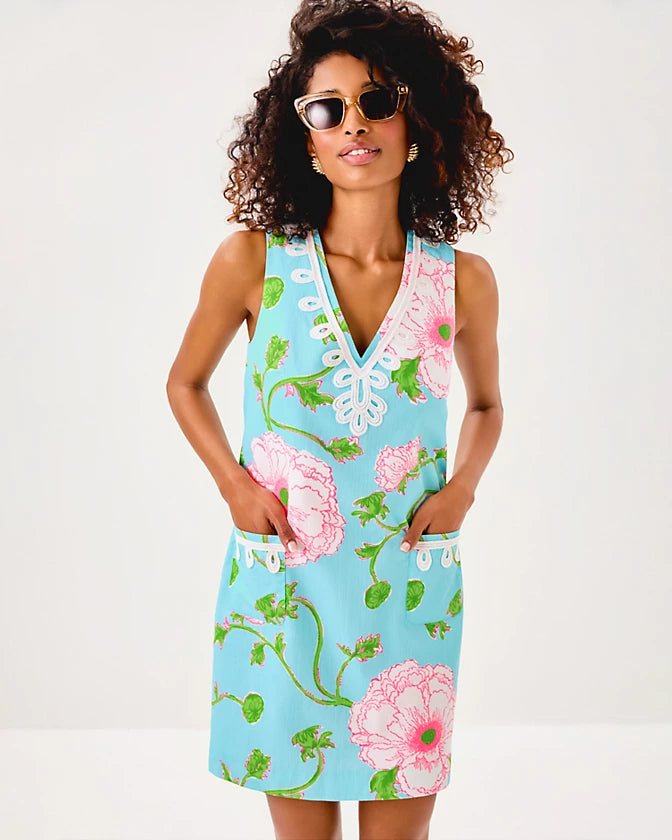 Sidonie Stretch Shift Dress - Fresh Water Blue Bursting Blooms Engineered