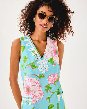 Sidonie Stretch Shift Dress - Fresh Water Blue Bursting Blooms Engineered