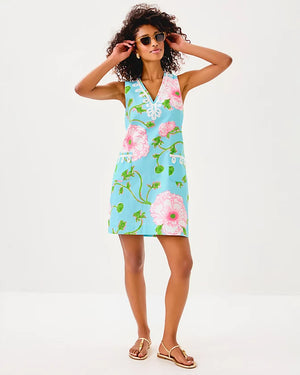 Sidonie Stretch Shift Dress - Fresh Water Blue Bursting Blooms Engineered