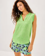 Kavalla Sleeveless Ruffle Top - Crocodile Green x Resort White
