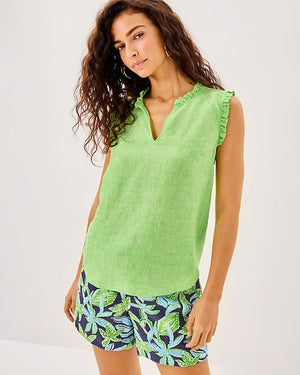 Kavalla Sleeveless Ruffle Top - Crocodile Green x Resort White