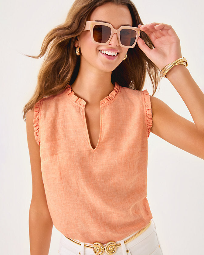 Kavalla Sleeveless Ruffle Top - Papaya x Resort White