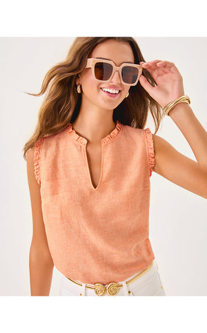 Kavalla Sleeveless Ruffle Top - Papaya x Resort White