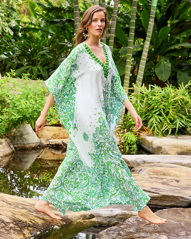 Marilla Silk Maxi Caftan- Resort White Sol Mates Engineered Woven Dress