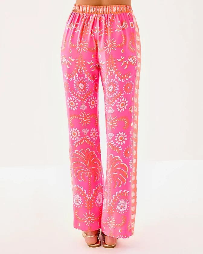 32" Vianna Silk Palazzo Pant - Sunkissed Pink Breezy Palm Engineered Pant