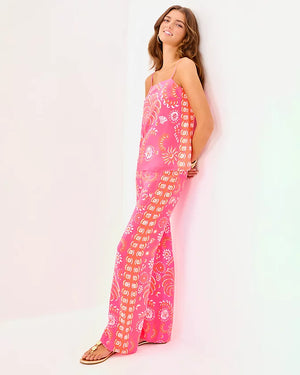 32" Vianna Silk Palazzo Pant - Sunkissed Pink Breezy Palm Engineered Pant
