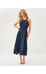 Denise Lace Halter Midi Dress - Low Tide Navy Sway With Me Scalloped Lace