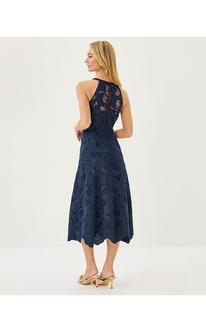 Denise Lace Halter Midi Dress - Low Tide Navy Sway With Me Scalloped Lace