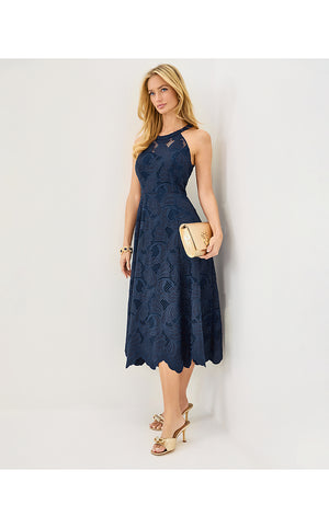 Denise Lace Halter Midi Dress - Low Tide Navy Sway With Me Scalloped Lace