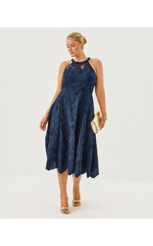Denise Lace Halter Midi Dress - Low Tide Navy Sway With Me Scalloped Lace