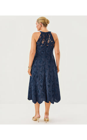 Denise Lace Halter Midi Dress - Low Tide Navy Sway With Me Scalloped Lace