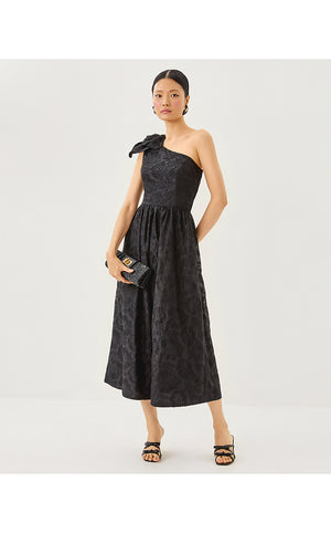 Lynsi One-Shoulder Midi Dress - Noir Sunset Bloom Embroidered Organza