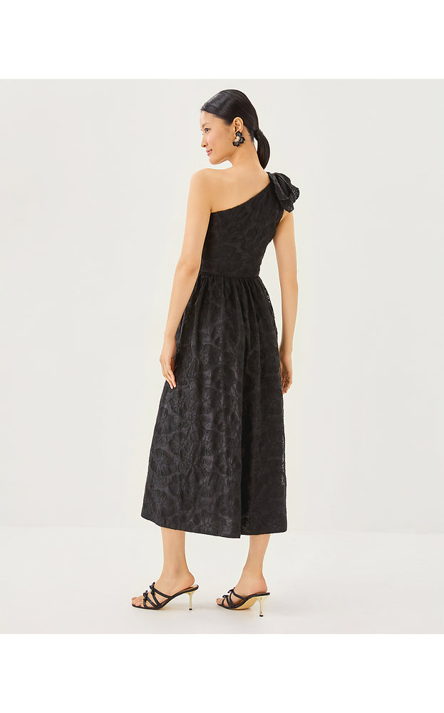 Lynsi One-Shoulder Midi Dress - Noir Sunset Bloom Embroidered Organza