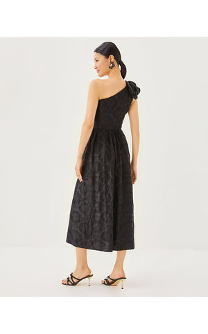 Lynsi One-Shoulder Midi Dress - Noir Sunset Bloom Embroidered Organza