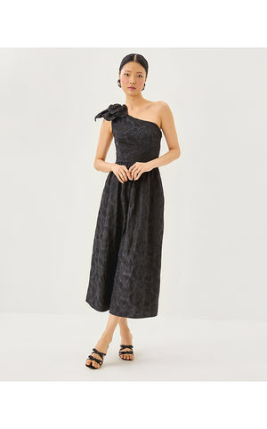 Lynsi One-Shoulder Midi Dress - Noir Sunset Bloom Embroidered Organza