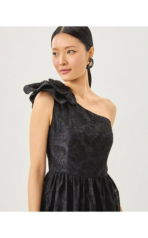 Lynsi One-Shoulder Midi Dress - Noir Sunset Bloom Embroidered Organza