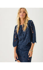 Amabel 3/4 Sleeve Cropped Top - Low Tide Navy Sway With Me Scalloped