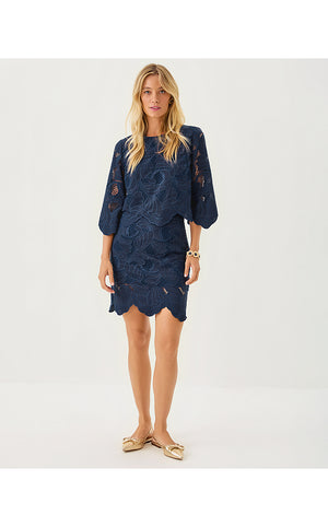 Amabel 3/4 Sleeve Cropped Top - Low Tide Navy Sway With Me Scalloped