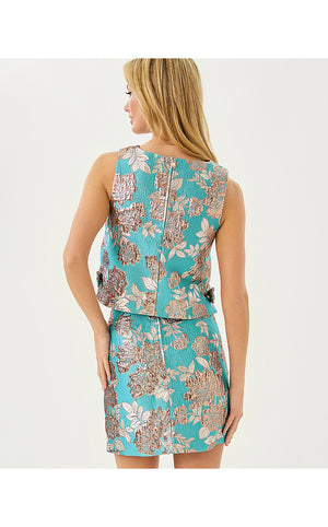 Annaleese Sleeveless Cropped Top - Tangier Teal Floral Fling Metallic Jacquard