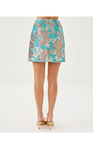 Janey High Rise Mini Skirt - Tangier Teal Floral Fling Metallic Jacquard