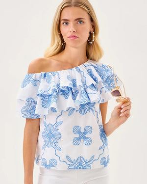 Trixie One-Shoulder Ruffle Top - Sunwashed Blue Al Fresco Dot Embroidery