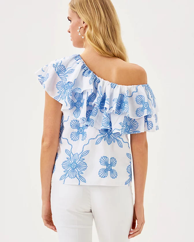 Trixie One-Shoulder Ruffle Top - Sunwashed Blue Al Fresco Dot Embroidery