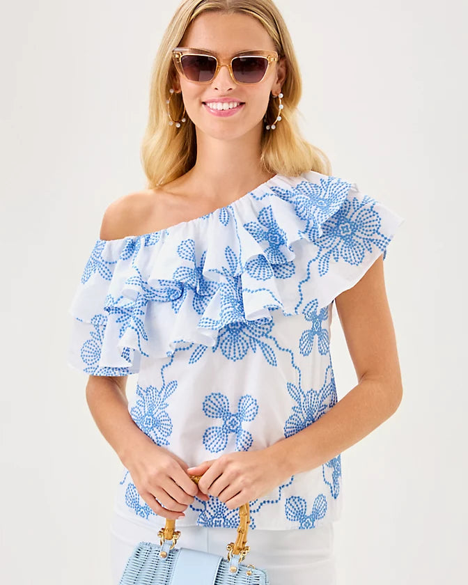 Trixie One-Shoulder Ruffle Top - Sunwashed Blue Al Fresco Dot Embroidery