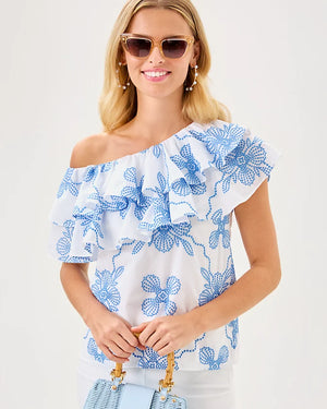 Trixie One-Shoulder Ruffle Top - Sunwashed Blue Al Fresco Dot Embroidery