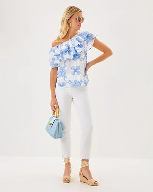 Trixie One-Shoulder Ruffle Top - Sunwashed Blue Al Fresco Dot Embroidery