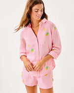 Sea View Linen Button Down Top - Conch Shell Pink Happy Hour Embroidery