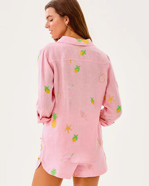 Sea View Linen Button Down Top - Conch Shell Pink Happy Hour Embroidery