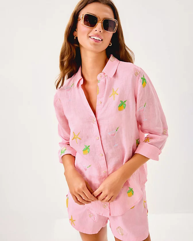 Sea View Linen Button Down Top - Conch Shell Pink Happy Hour Embroidery