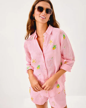 Sea View Linen Button Down Top - Conch Shell Pink Happy Hour Embroidery