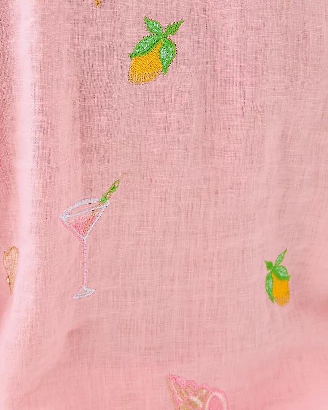 Sea View Linen Button Down Top - Conch Shell Pink Happy Hour Embroidery